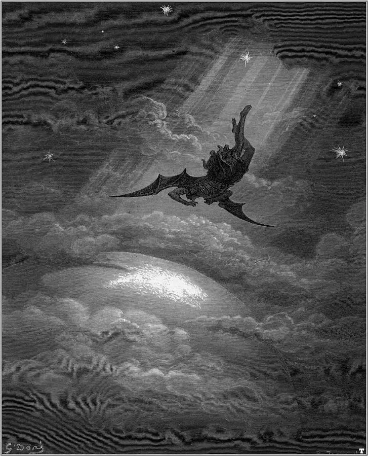 An illustration from John Milton's 'Paradise Lost' shows the descent of Lucifer.