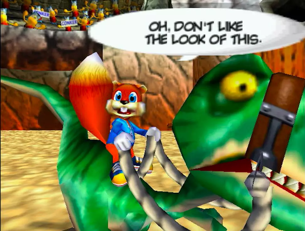 Conker riding on Fangy the Raptor