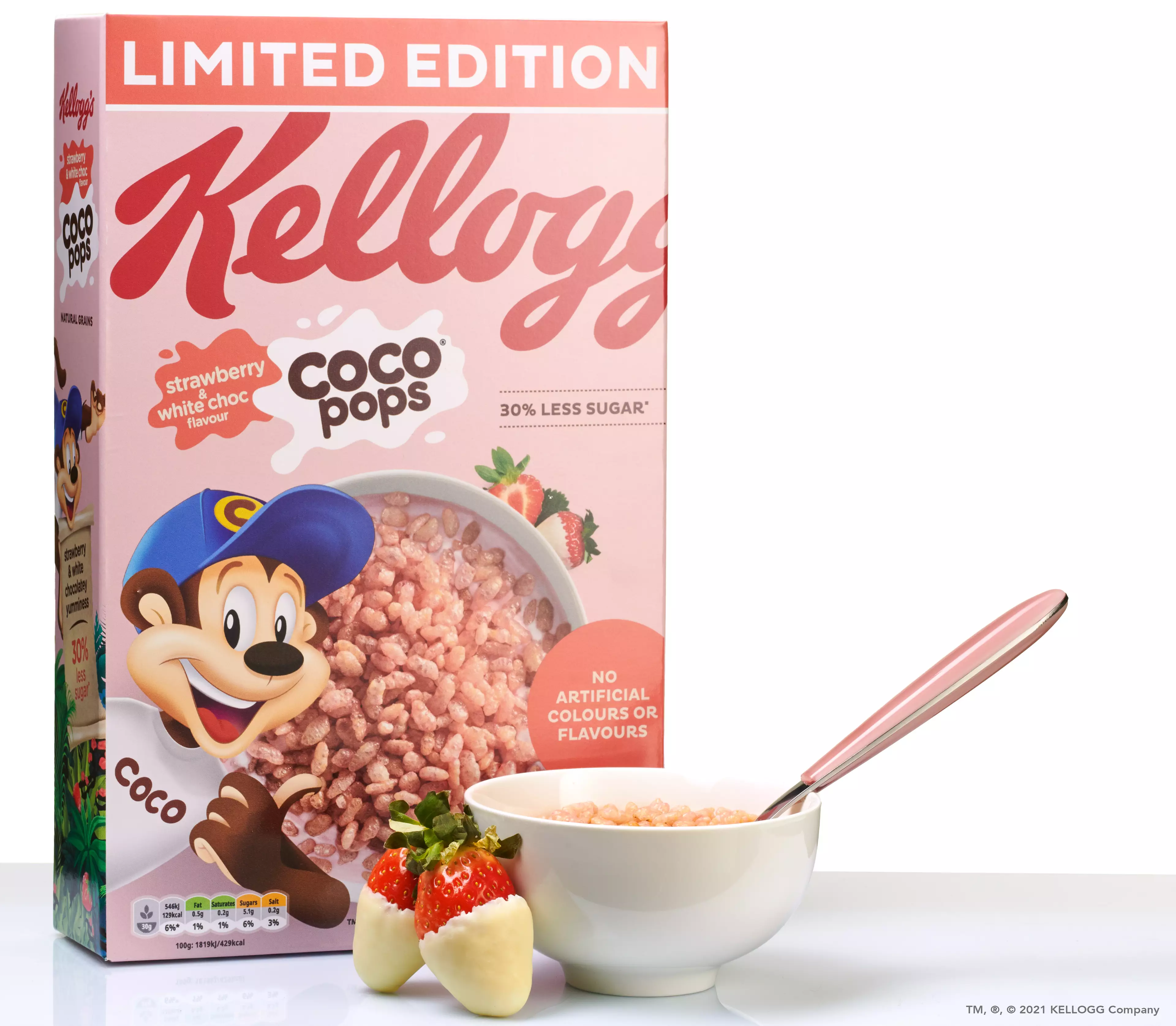 The crispy cereal combines creamy white chocolate with juicy strawberries (