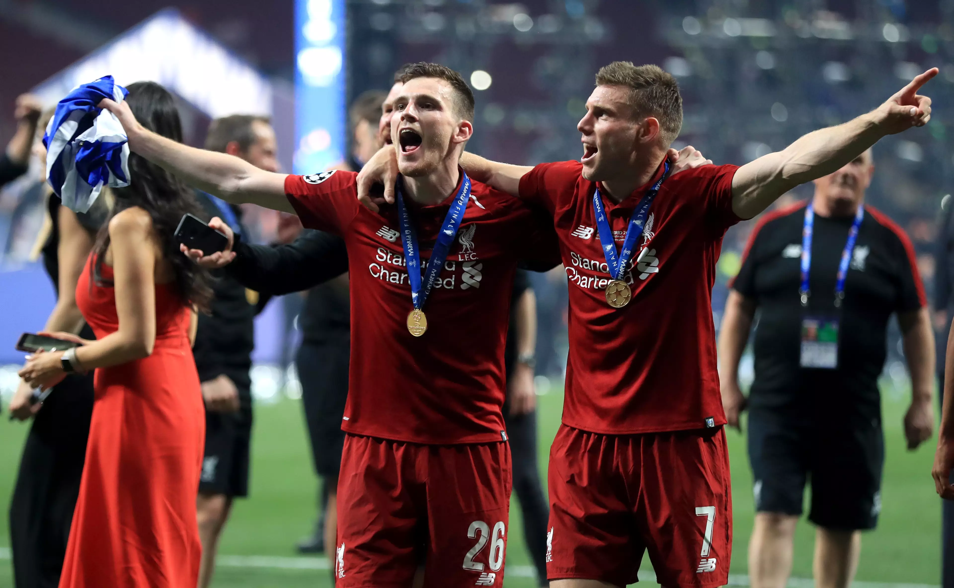 James Milner and Andy Robertson celebrate Liverpool's Champions League win