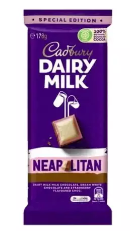 The Dairy Milk Neapolitan is made up of delicious milk, white and strawberry flavoured chocolate (