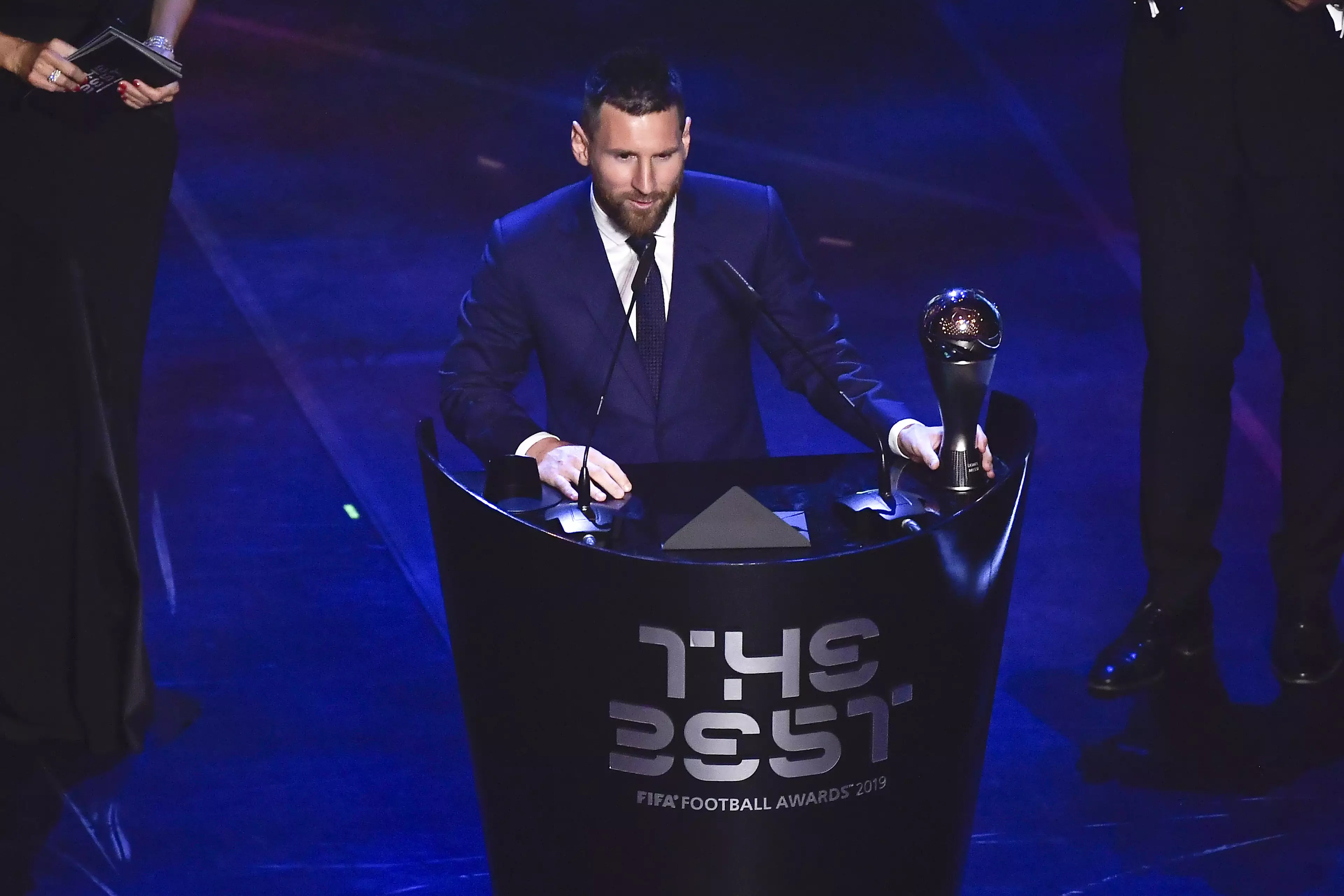 Messi with his award. Image: PA Images