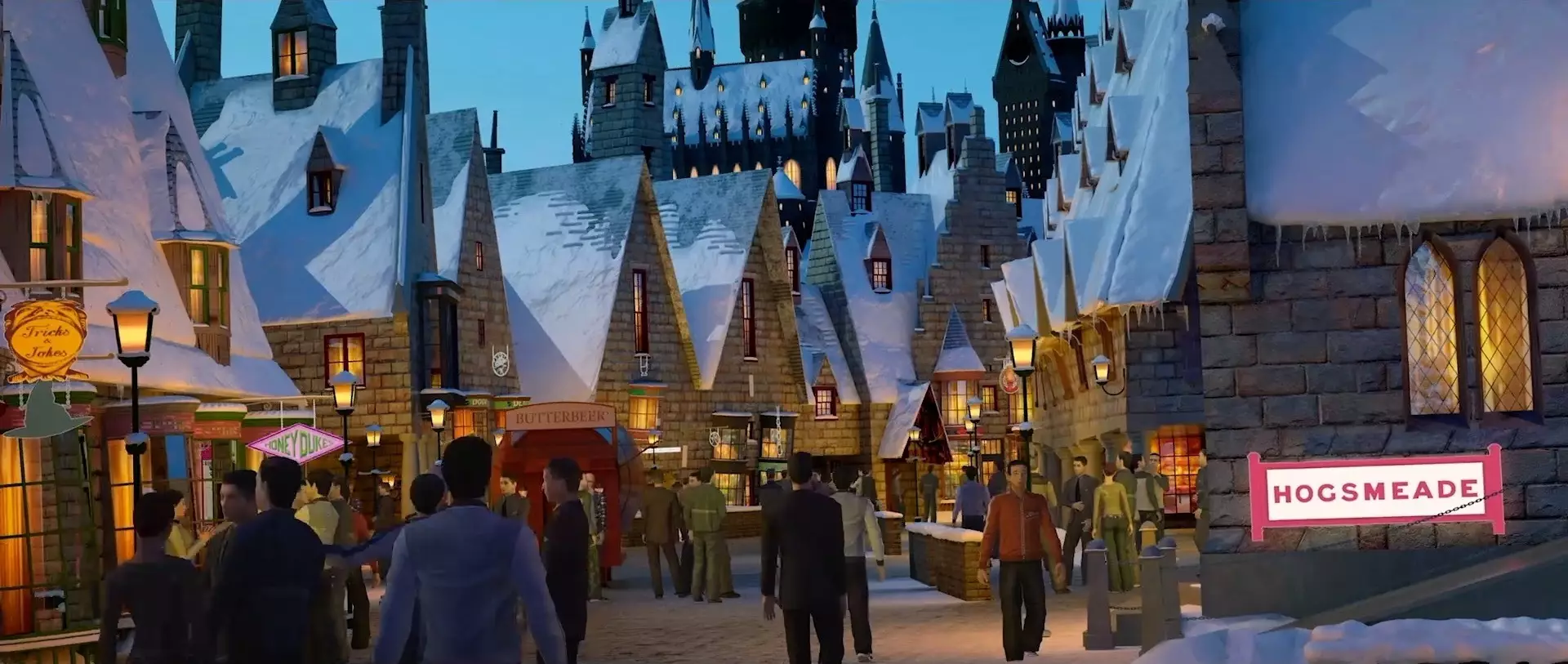 An artist concept shows snow-topped roofs and a Hogsmeade (