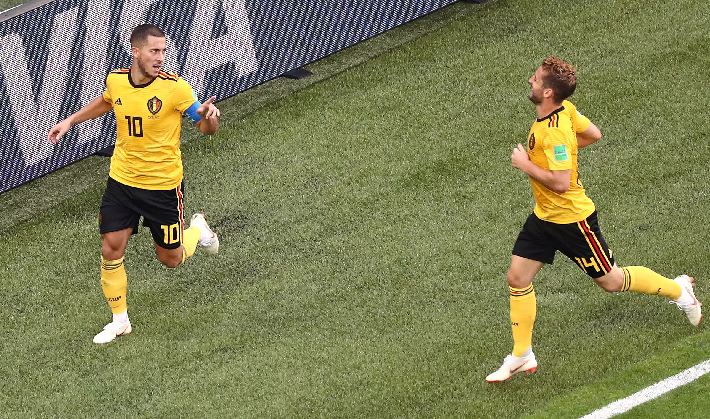Hazard celebrates scoring for Belgium. Image: PA
