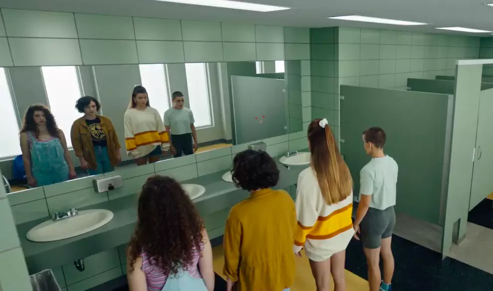 The trailer also shows pupils putting the theory to test in what appears to be the school toilets (