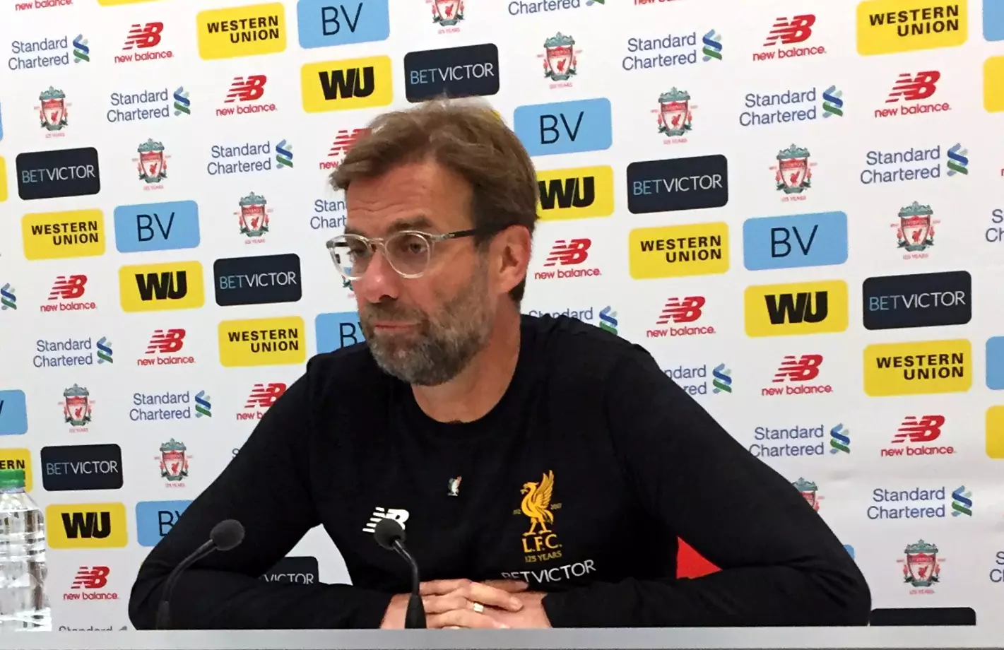 Klopp showing his support to Sean Cox during a presser. Image: PA