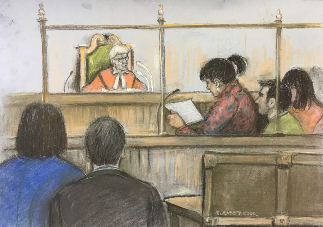 Court sketch of Lisa Rutherford, mother of 17-year-old Chloe Rutherford, reading her victim statement at the Old Bailey yesterday.