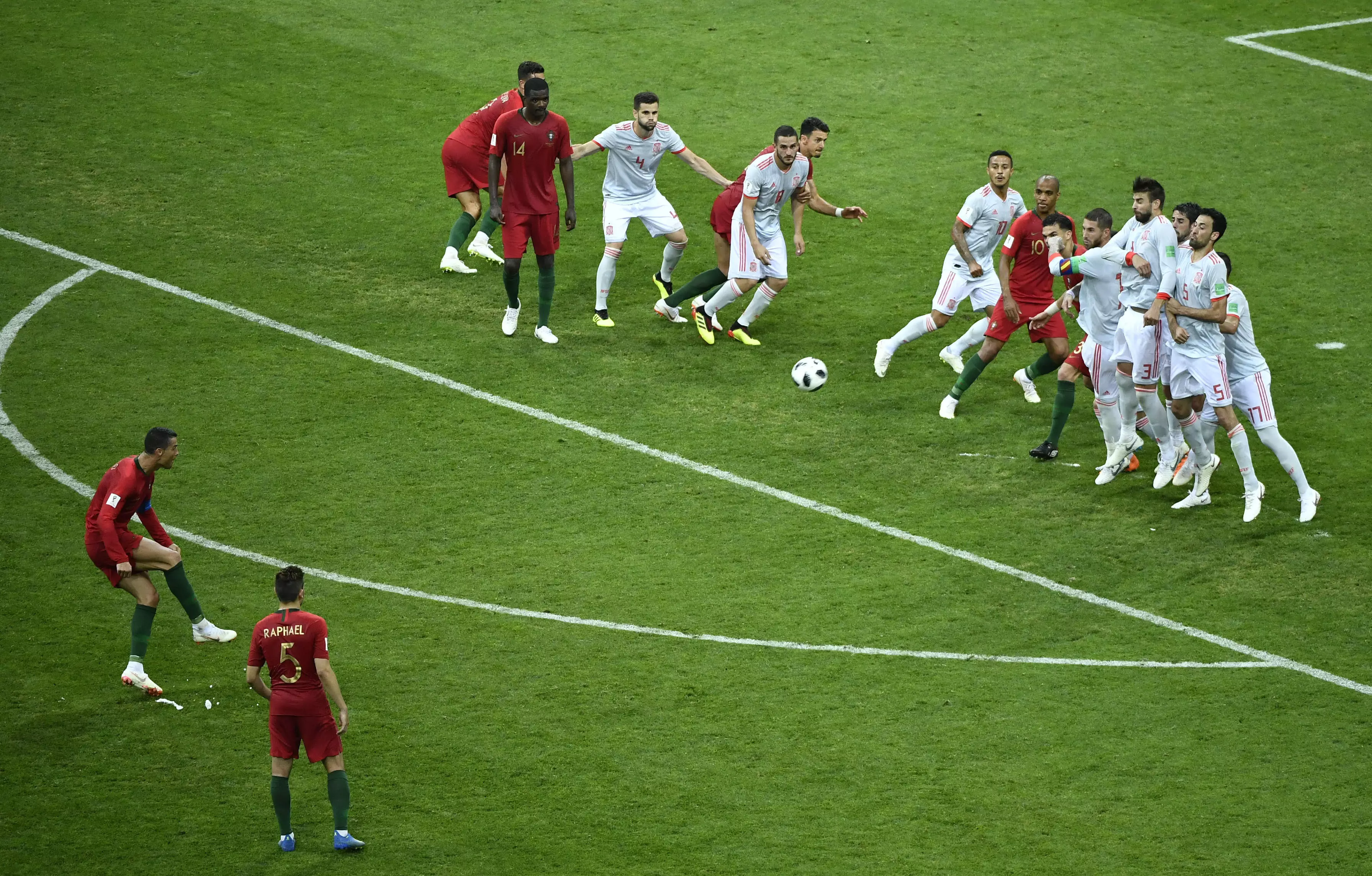 Ronaldo hits an incredible free kick to level things at 3-3 with Spain. Image: PA Images