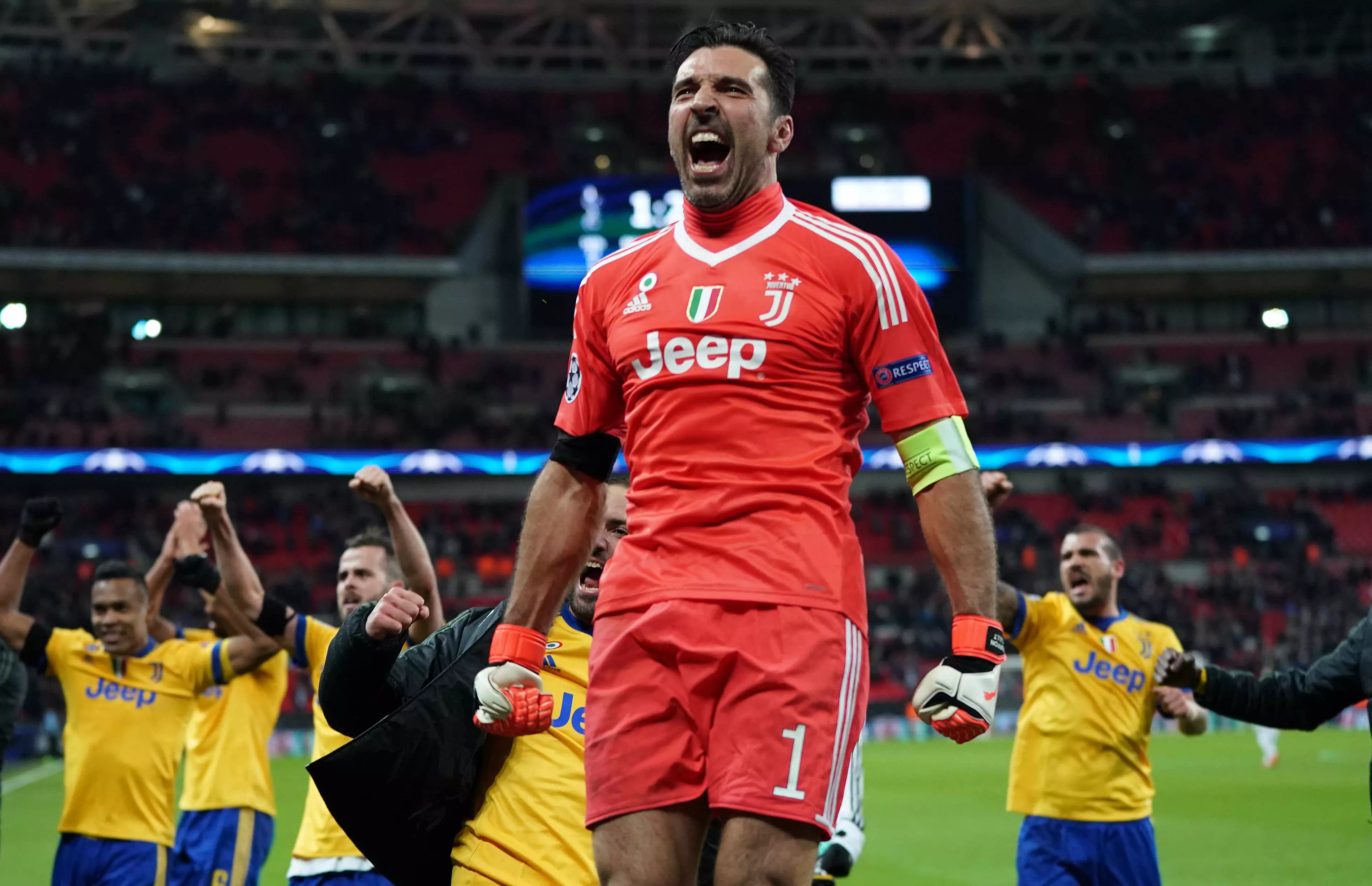 Buffon celebrates securing passage to the next round of the Champions League. Image: PA