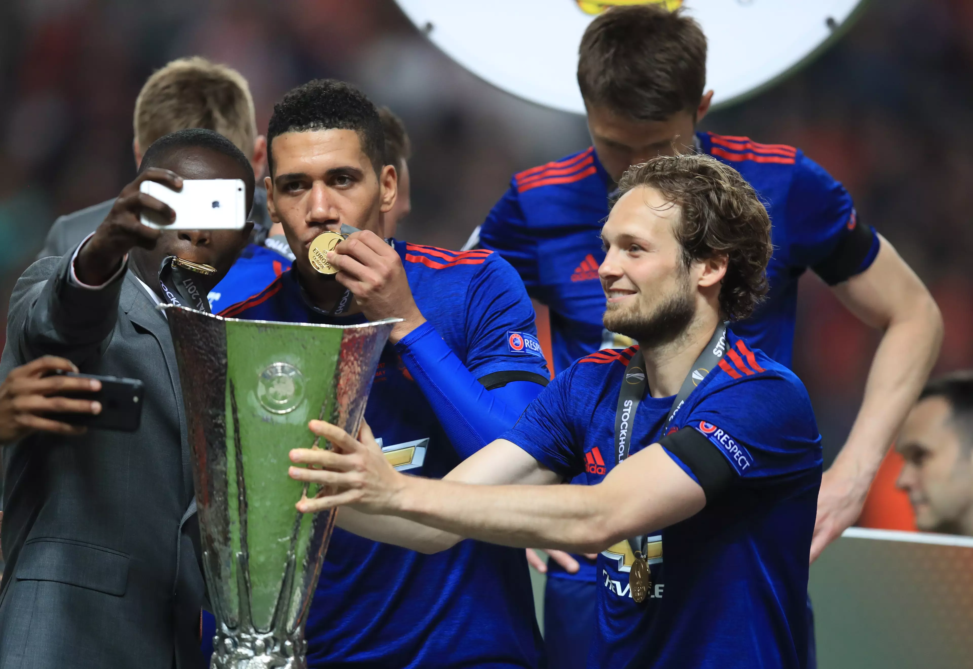 Blind celebrating United's Europa League victory in 2017, coincidentally a 2-0 victory over Ajax (Photo