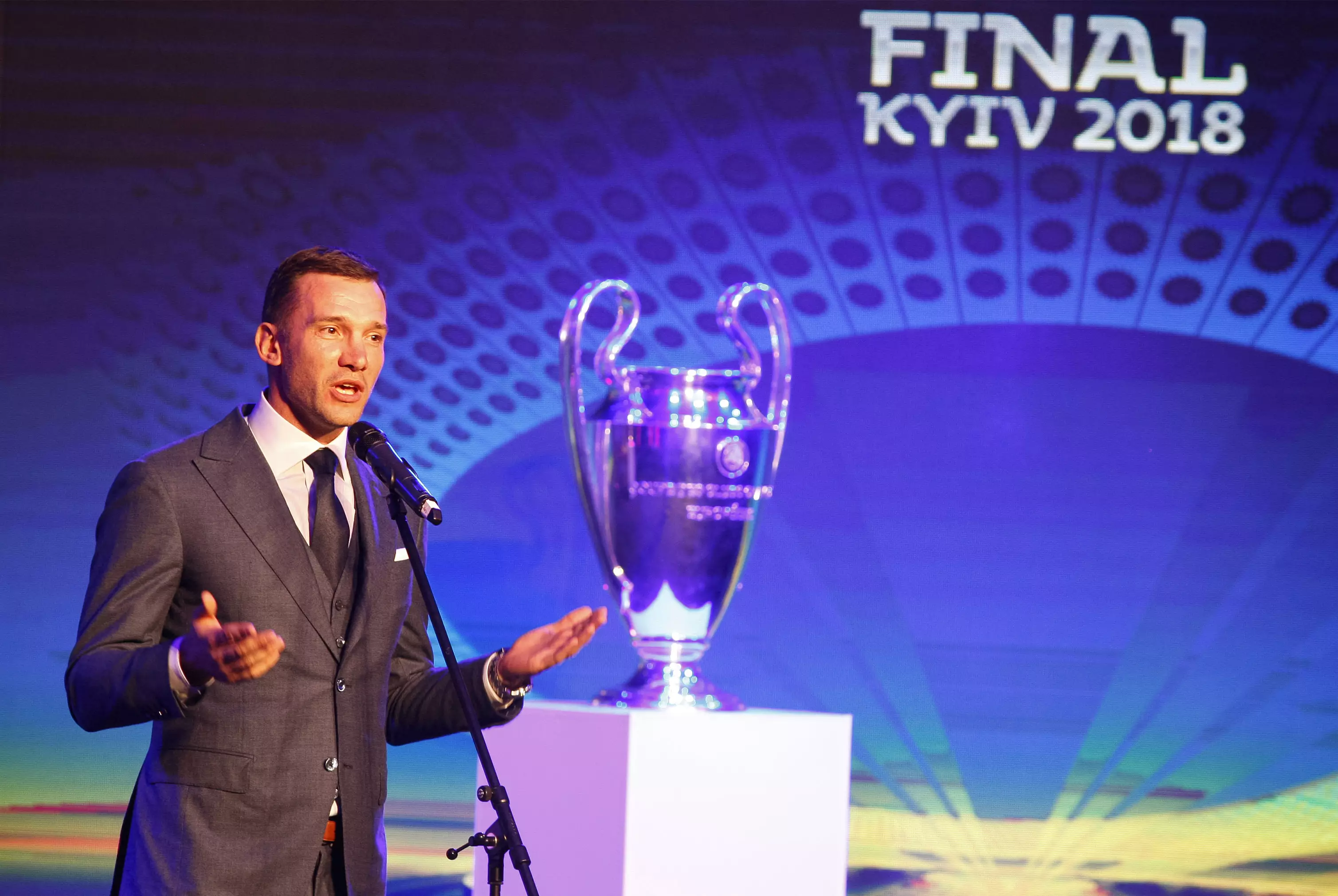 Shevchenko speaks during a presentation for UEFA. Image: PA