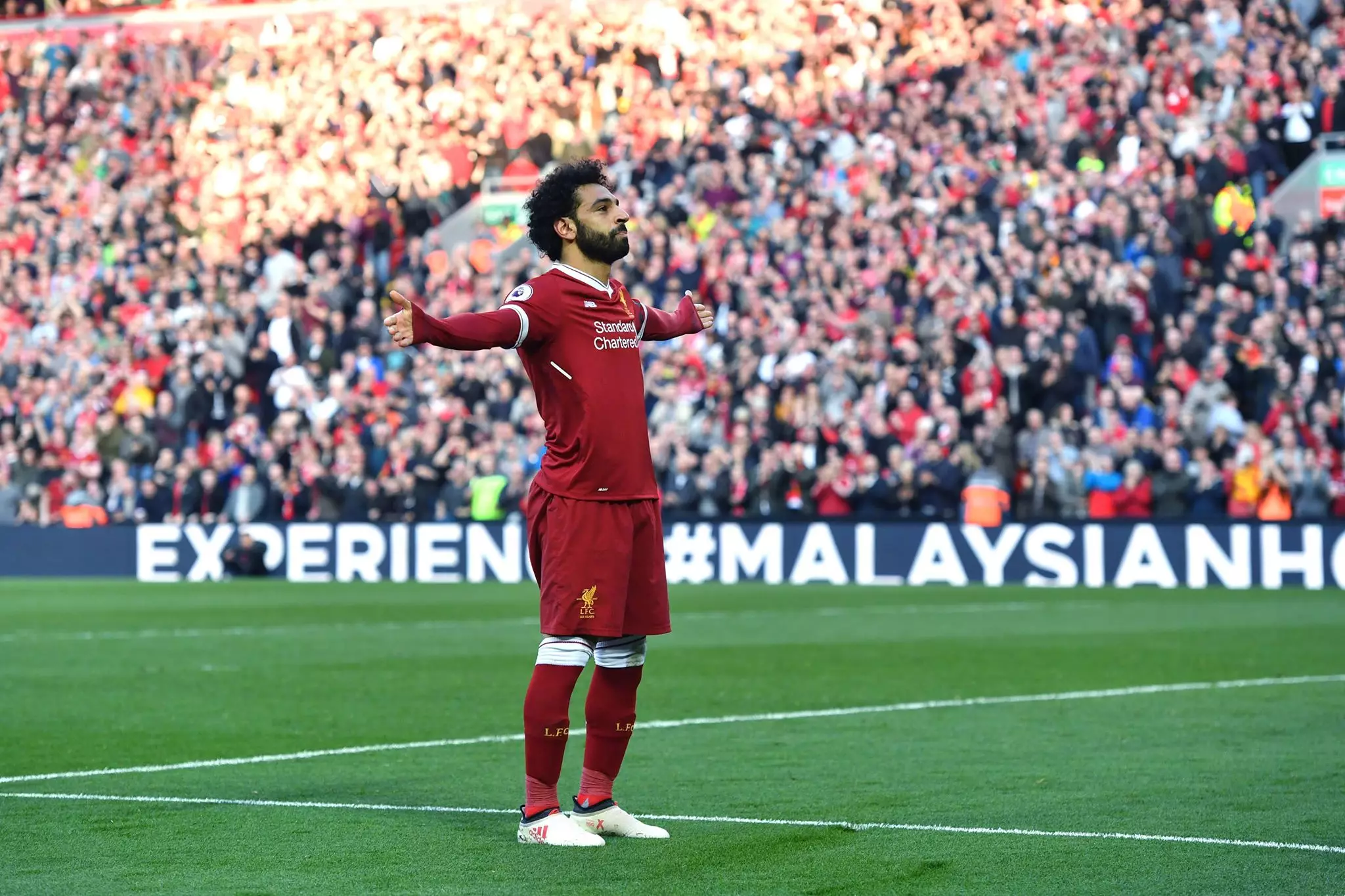 Salah celebrates yet another goal. Image: PA Images