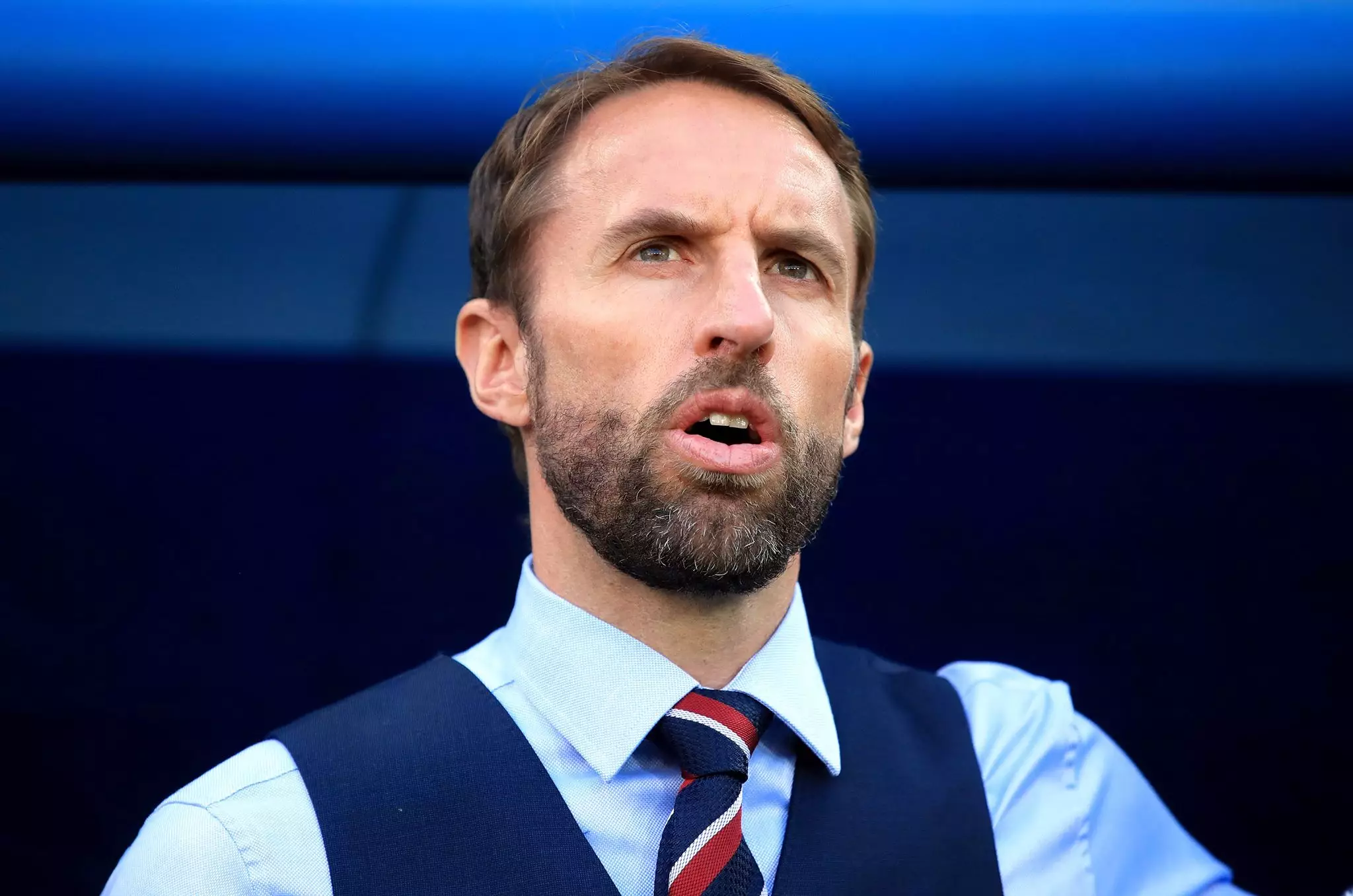 Southgate during the national anthem. Image: PA