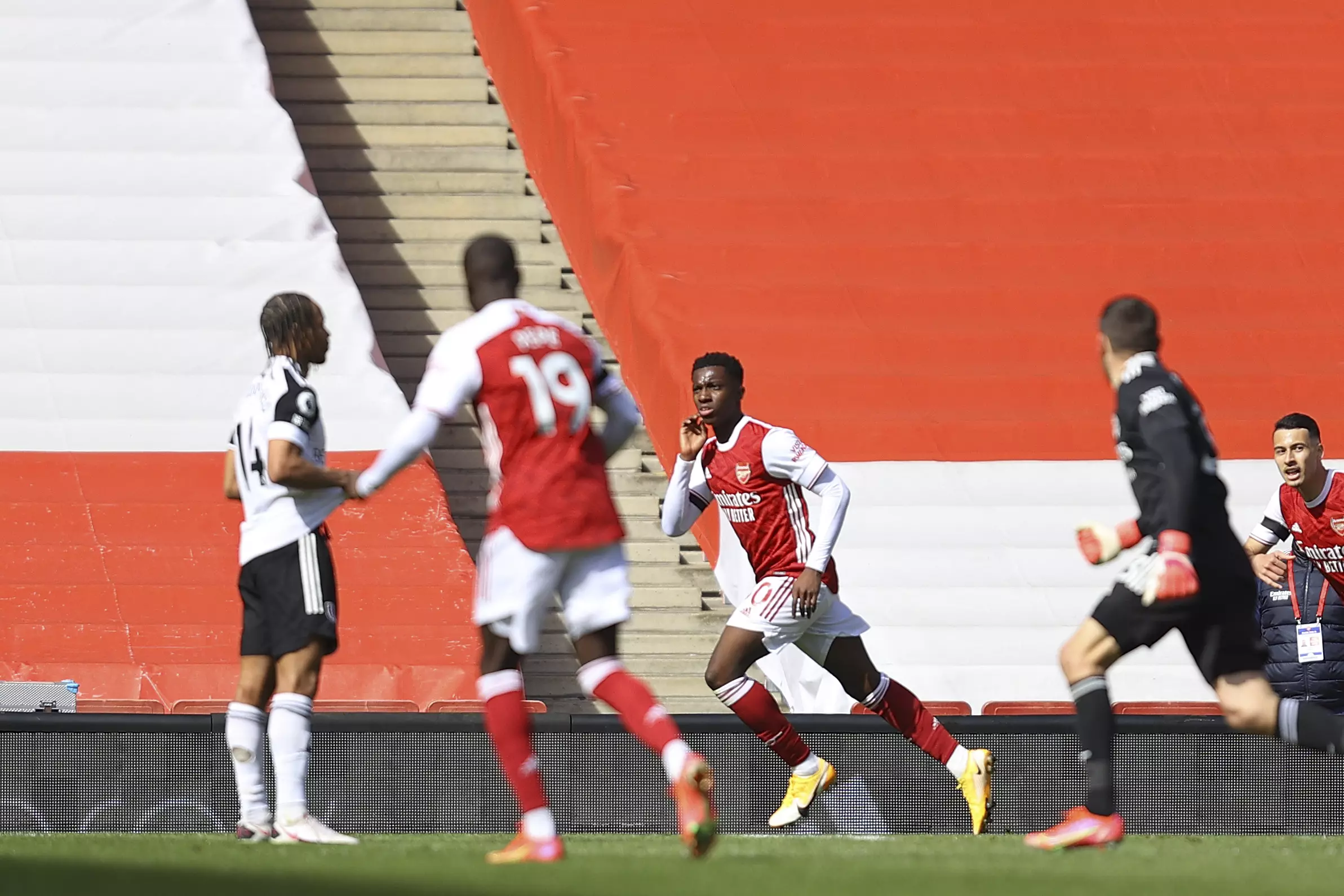 Arsenal's Eddie Nketiah celebrates after equalising against Fulham with seconds to go in last weekend's fixture