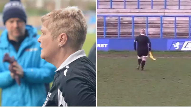 Linesman Gets Injured In 27th Minute, Of Curzon Ashton vs Alfreton Town, Kit-Lady Fills In