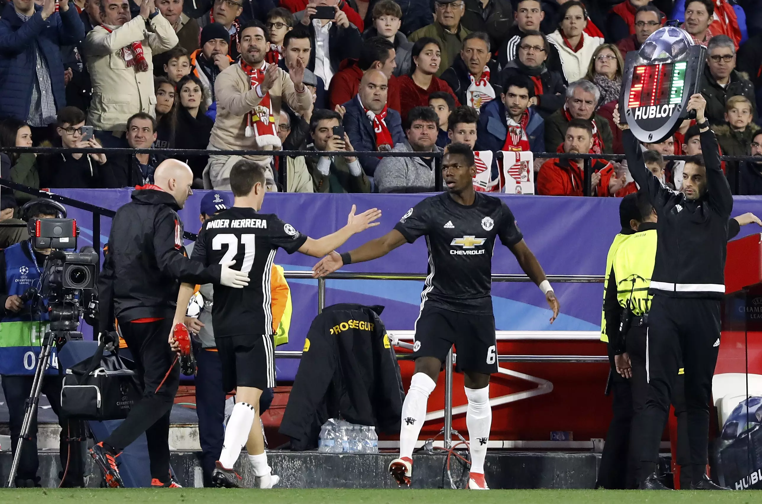 Pogba makes his entrance after just 16 minutes. Image: PA Images.