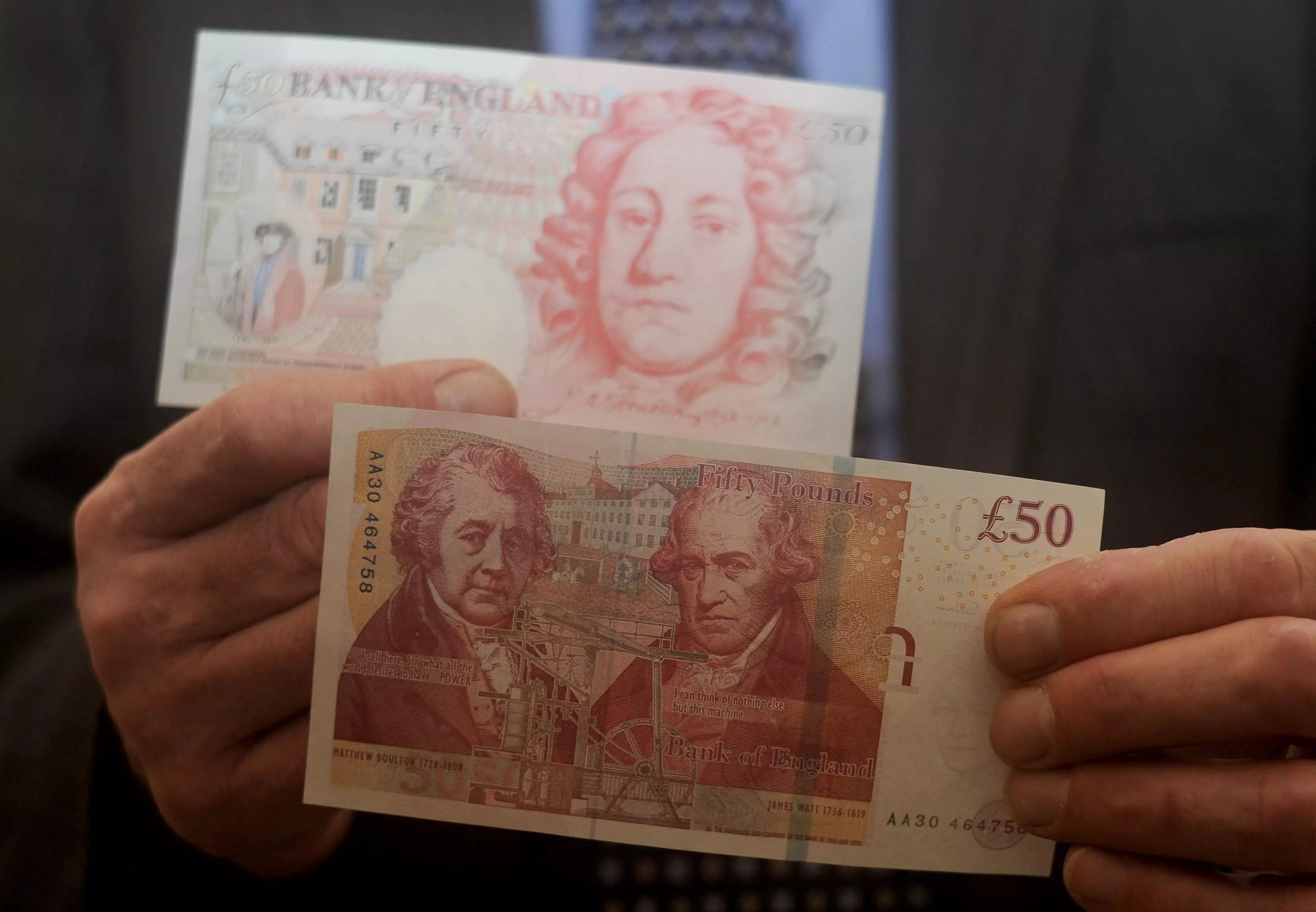 The current £50 bank note was issued in 2011 and features portraits of Matthew Boulton and James Watt,
