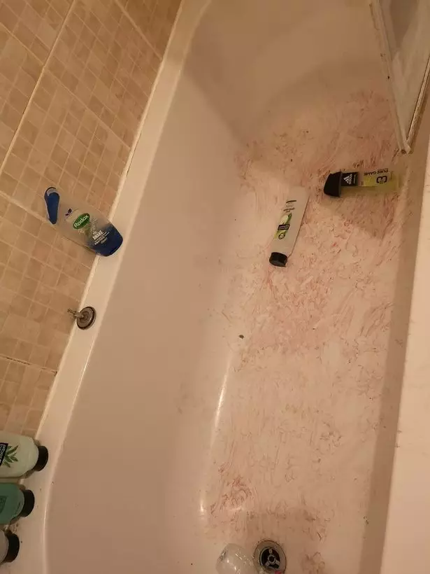 A mum returned home to find her dog had bloodied the bath by digging at it in panic during fireworks.
