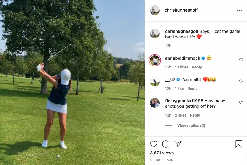 Chris Hughes playing golf with his new pro golfer girlfriend, Annabel Dimmock. (
