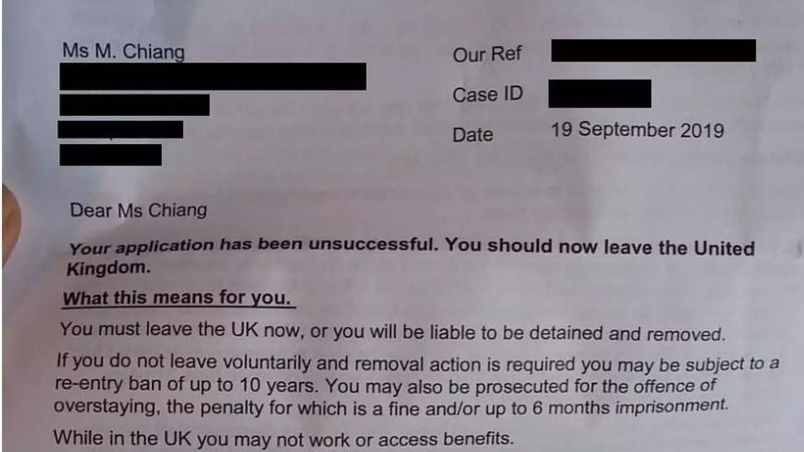 The letter Mu-Chun received from the Home Office.
