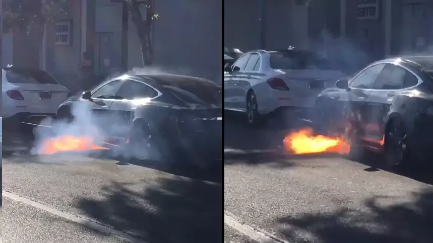 Actor Films Moment Tesla Catches Fire While Waiting In Traffic