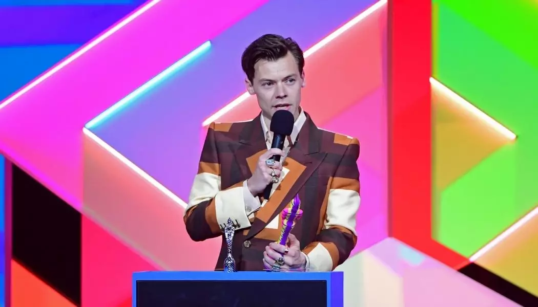 Harry Styles accepts a Brit Award for Best British Single 2021 (