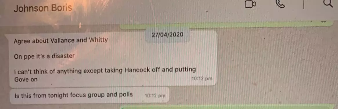 Another exchange appeared to show the PM suggested transferring Hancock's responsibilities to Michael Gove.