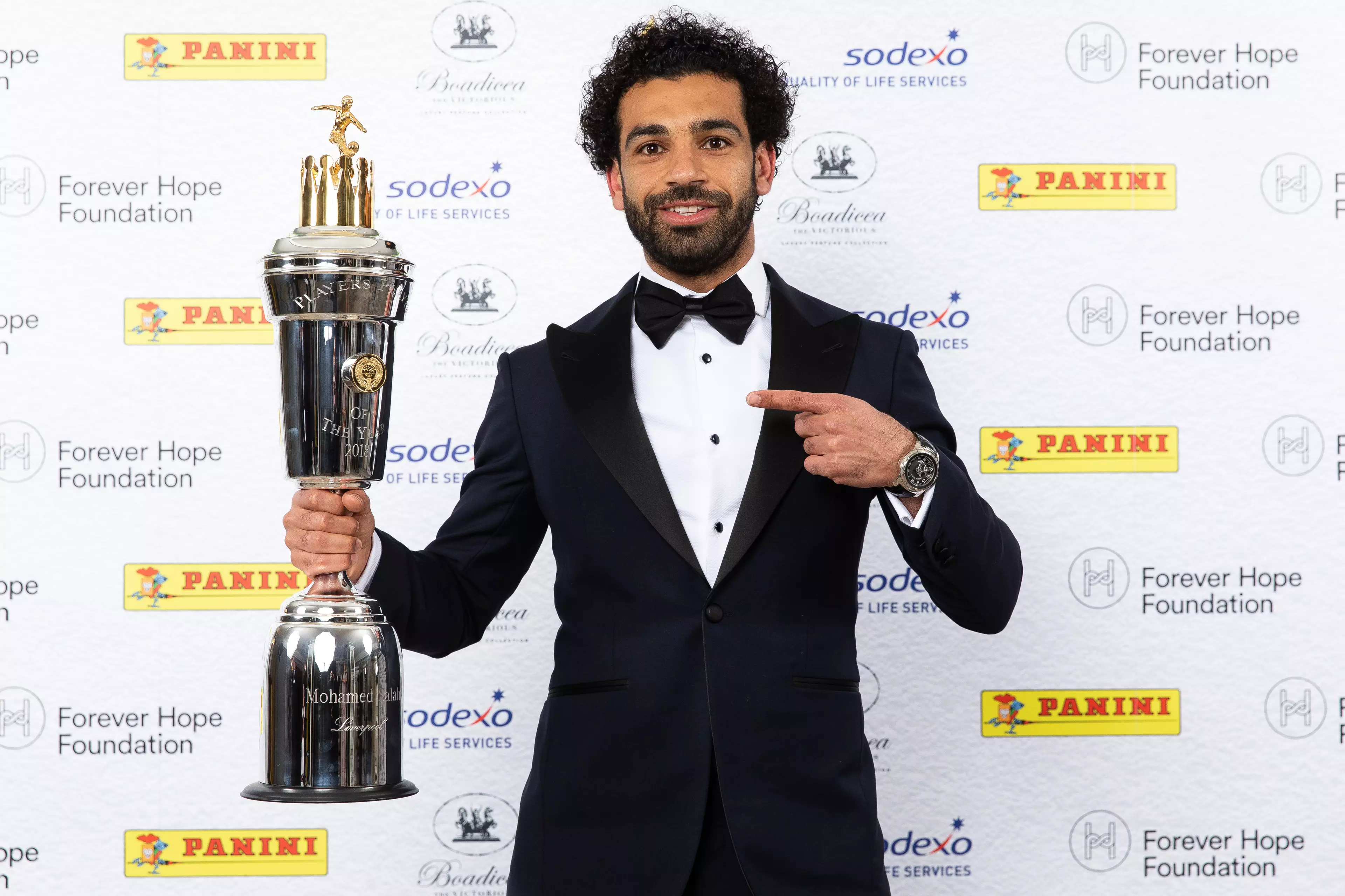 Salah poses with the Player Of The Year award trophy. Image: PA