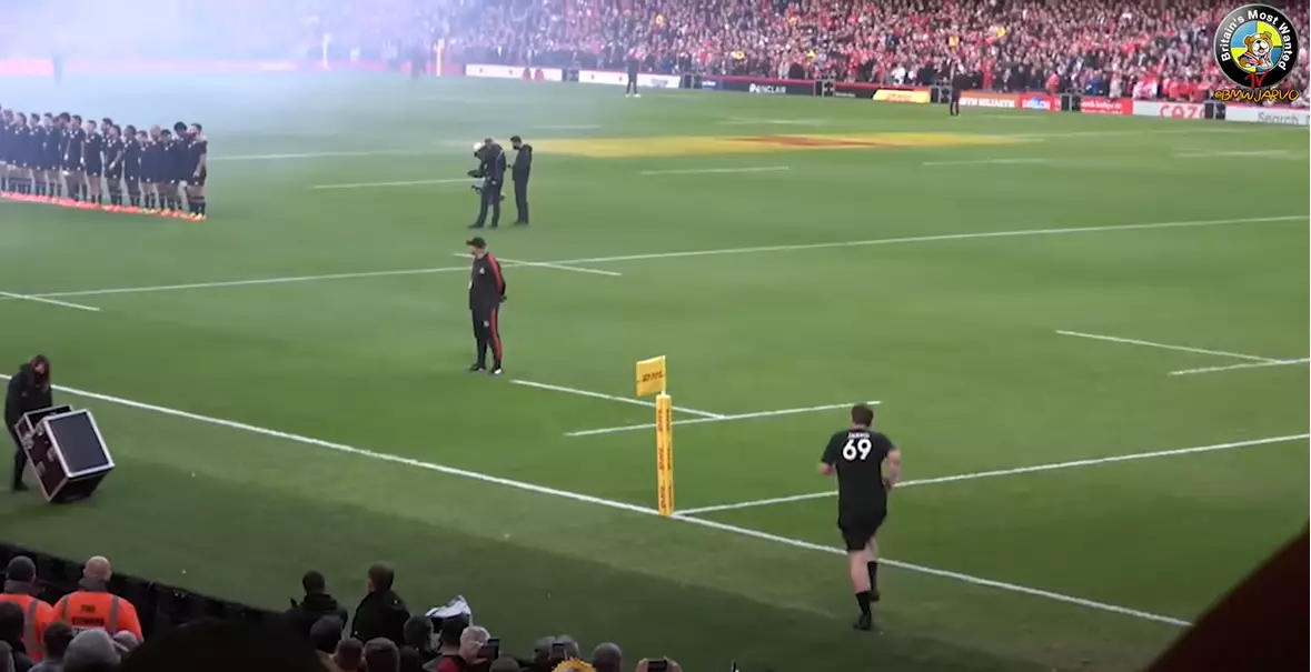 Jarvo 69 invading the pitch during the Rugby Union match.