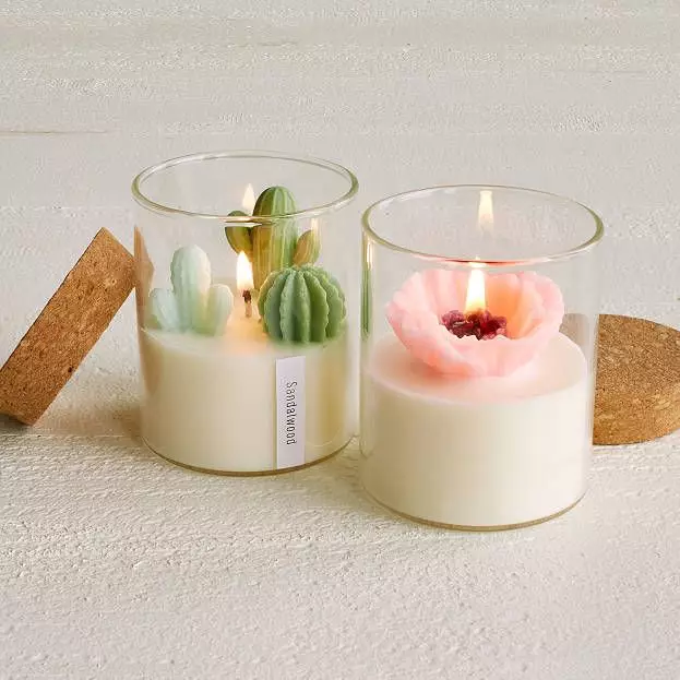 The hand-poured soy wax candles come in two lush varieties: a prickly cactus and a pink poppy. (
