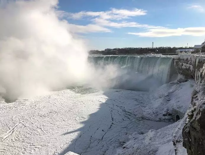 Pictures of the Niagara Falls looking as icy as ever. But not completely frozen.