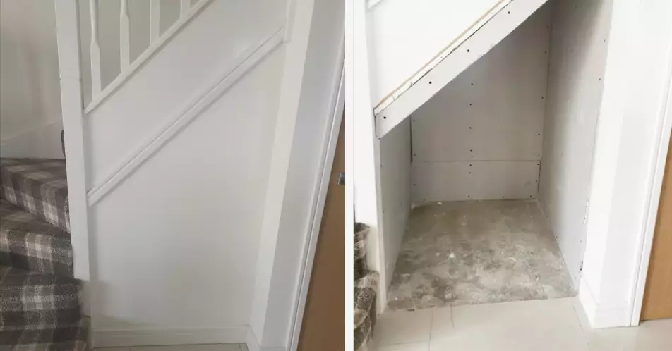 She removed the plasterboard under the stairs (