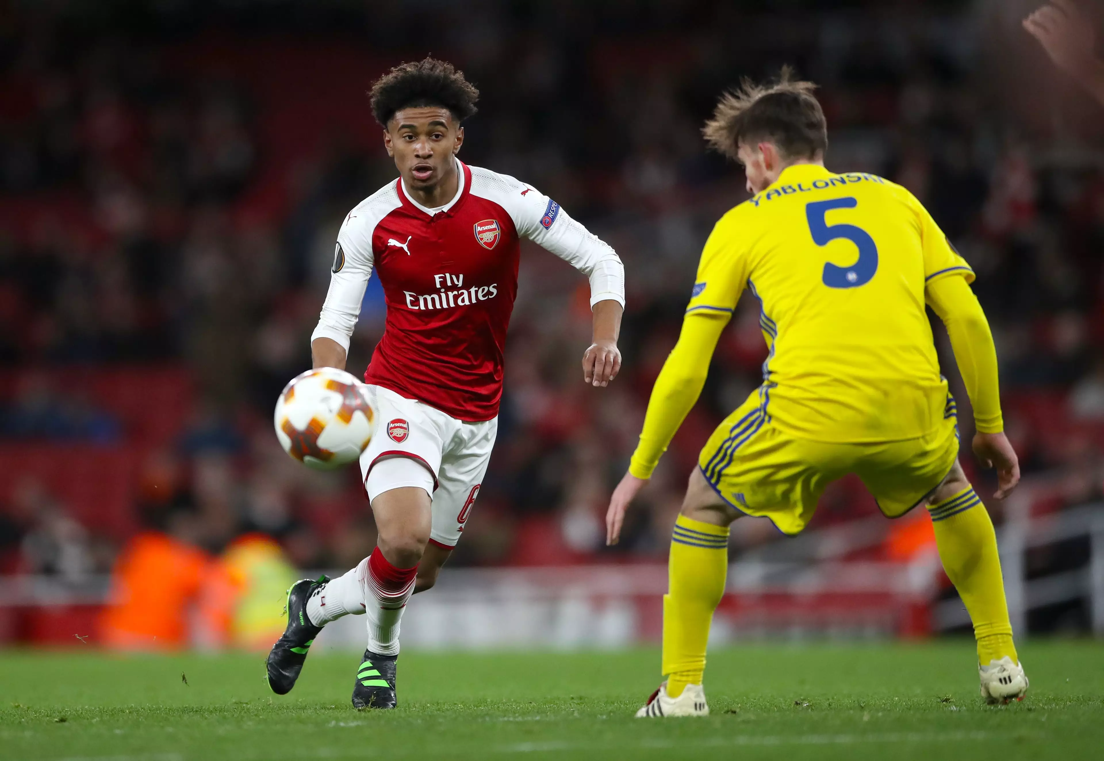 Reiss Nelson in action in the Europa League. Image: PA Images.