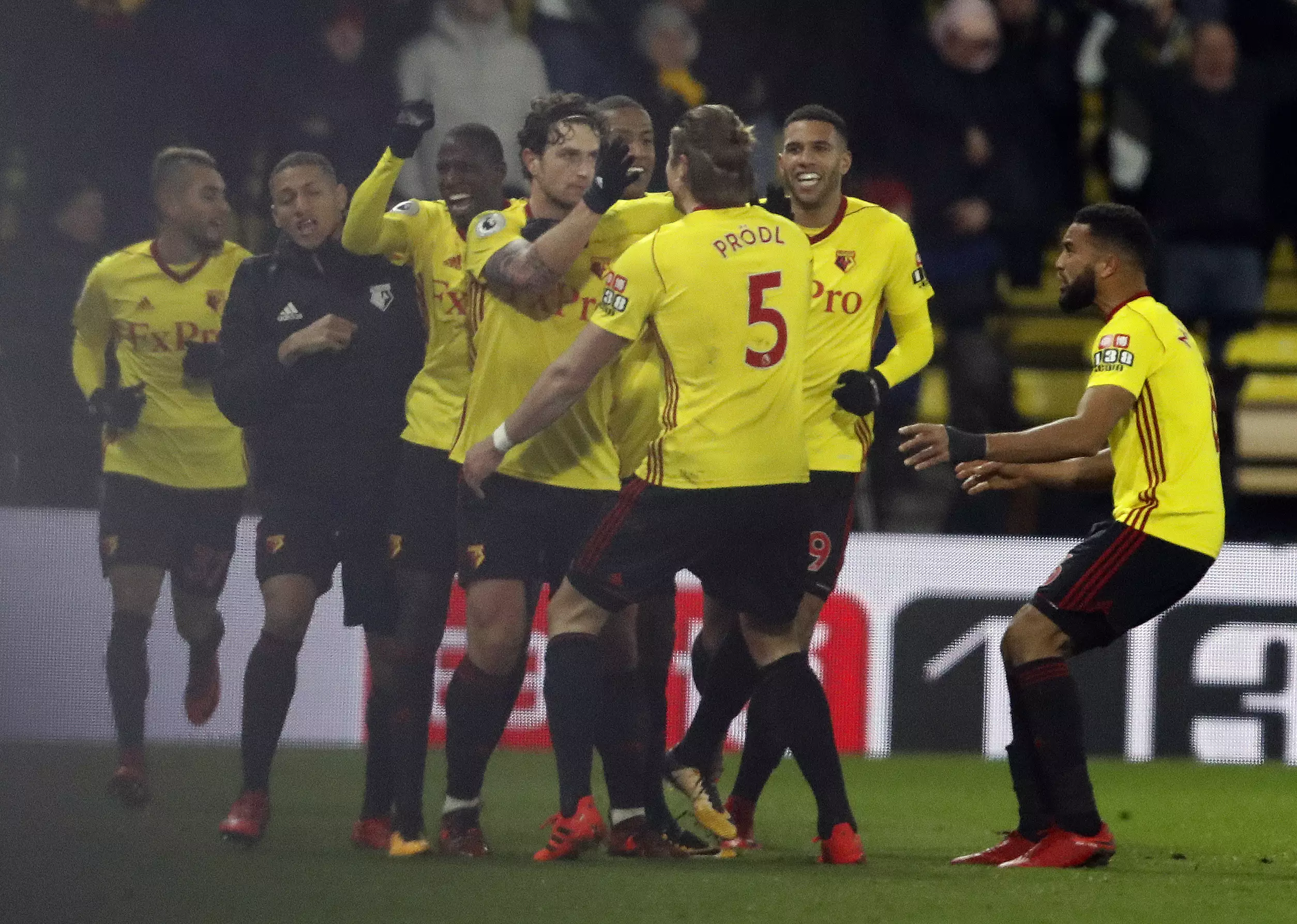 Watford celebrate scoring. Image: PA