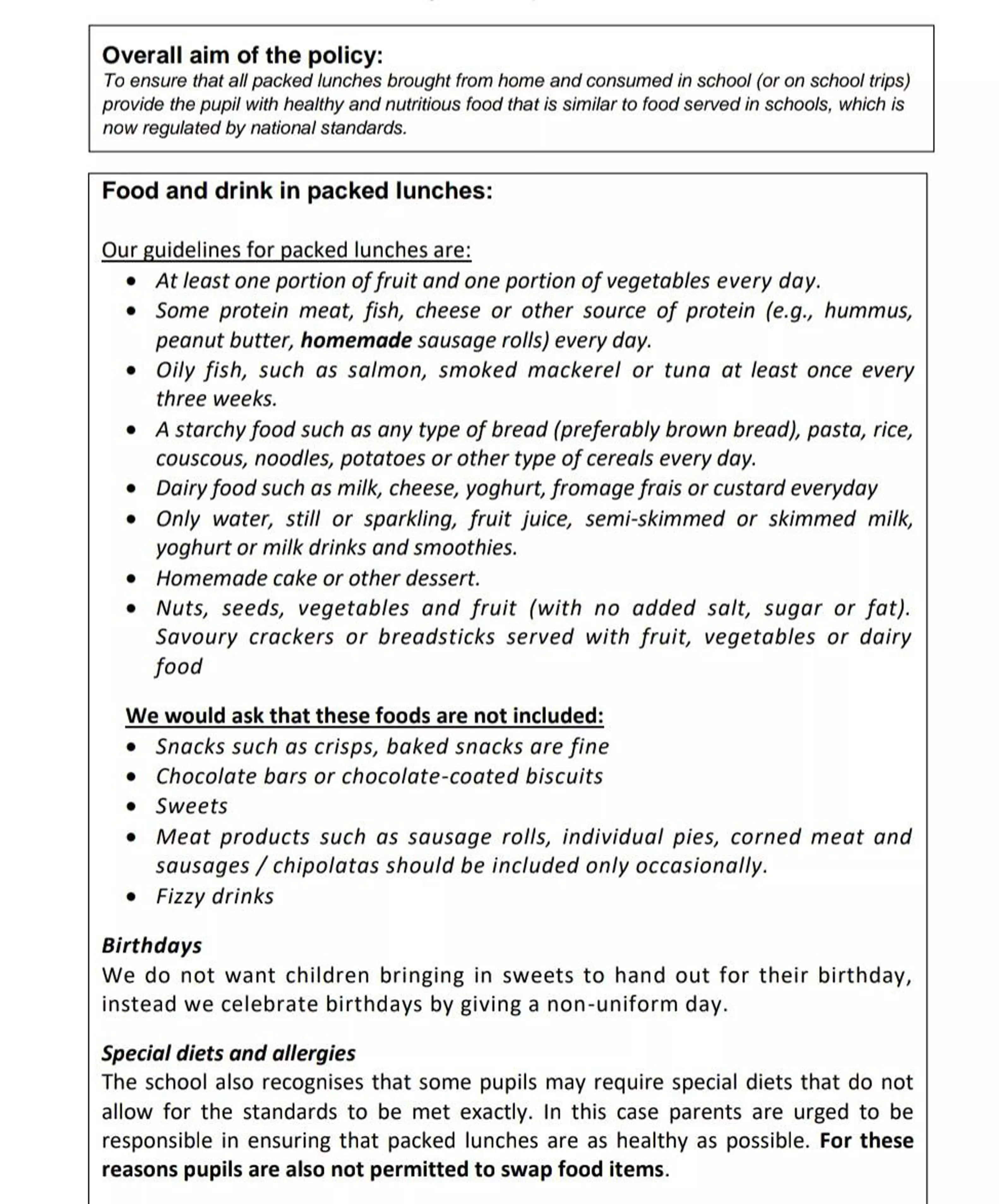 Robin's school sent out the list of lunchbox requirements to parents (