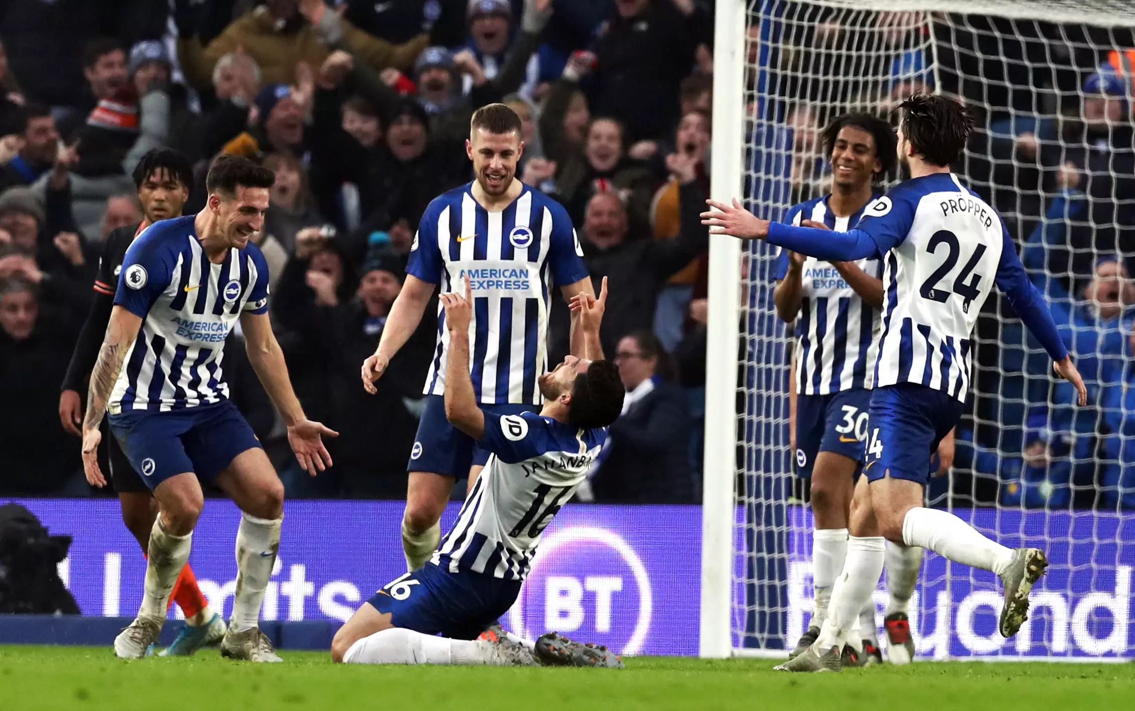 Brighton celebrate their brilliant equaliser which earned them a point