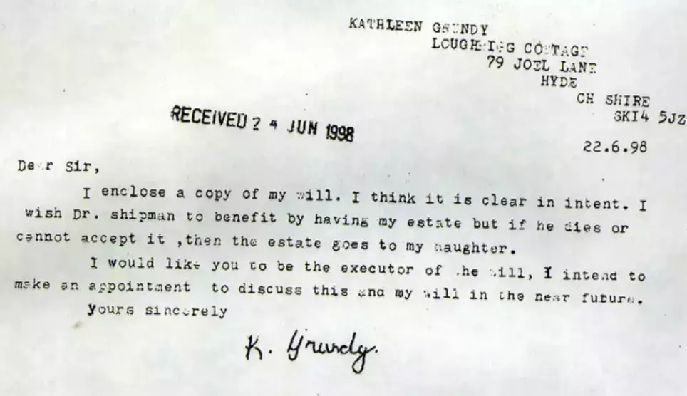 The forged will of Mrs Kathleen Grundy, who Shipman killed in 1998.