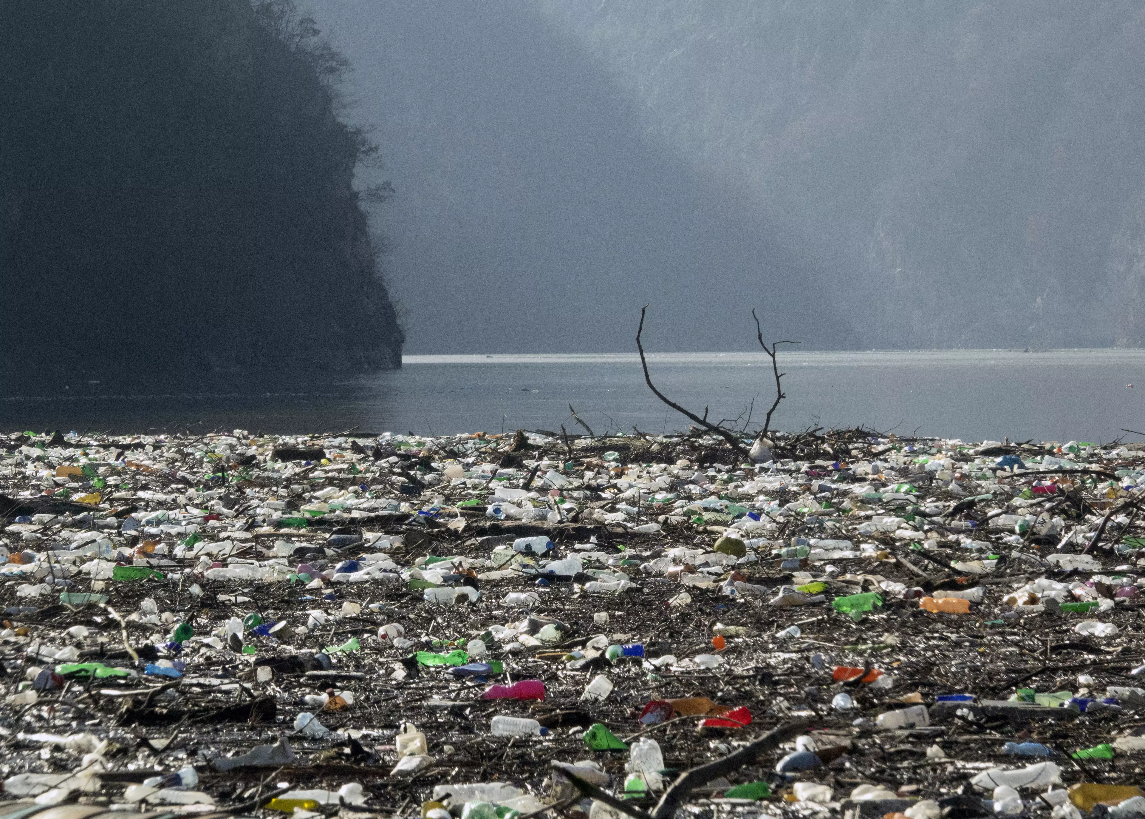 Plastic bottles, wooden planks, rusty barrels and other garbage clogging the Drina river near the eastern Bosnian town of Visegrad, Bosnia (