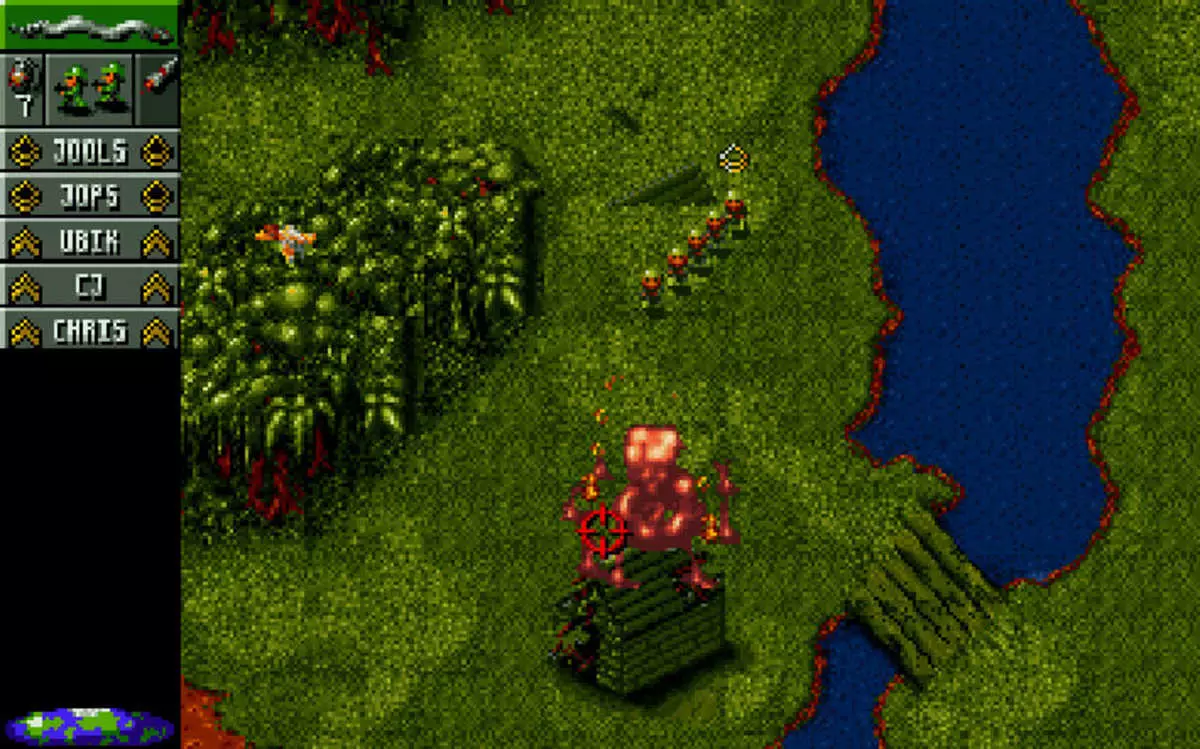 A screenshot from Cannon Fodder, showing the early game jungle stages /