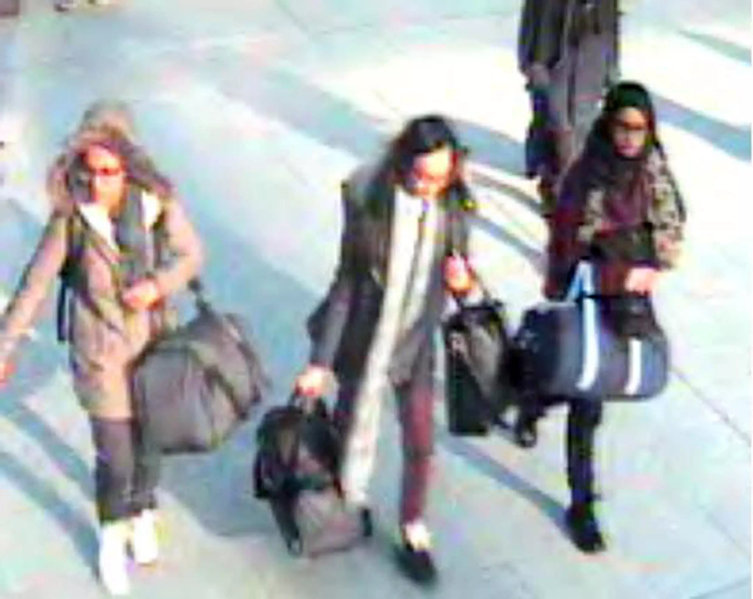 15-year-old Amira Abase, Kadiza Sultana, 16, and Shamima Begum, 15, at Gatwick airport in February 2015.