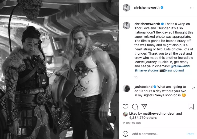 Chris Hemsworth shows off his huge arms in Instagram post as Thor: Love and Thunder finishes filming (