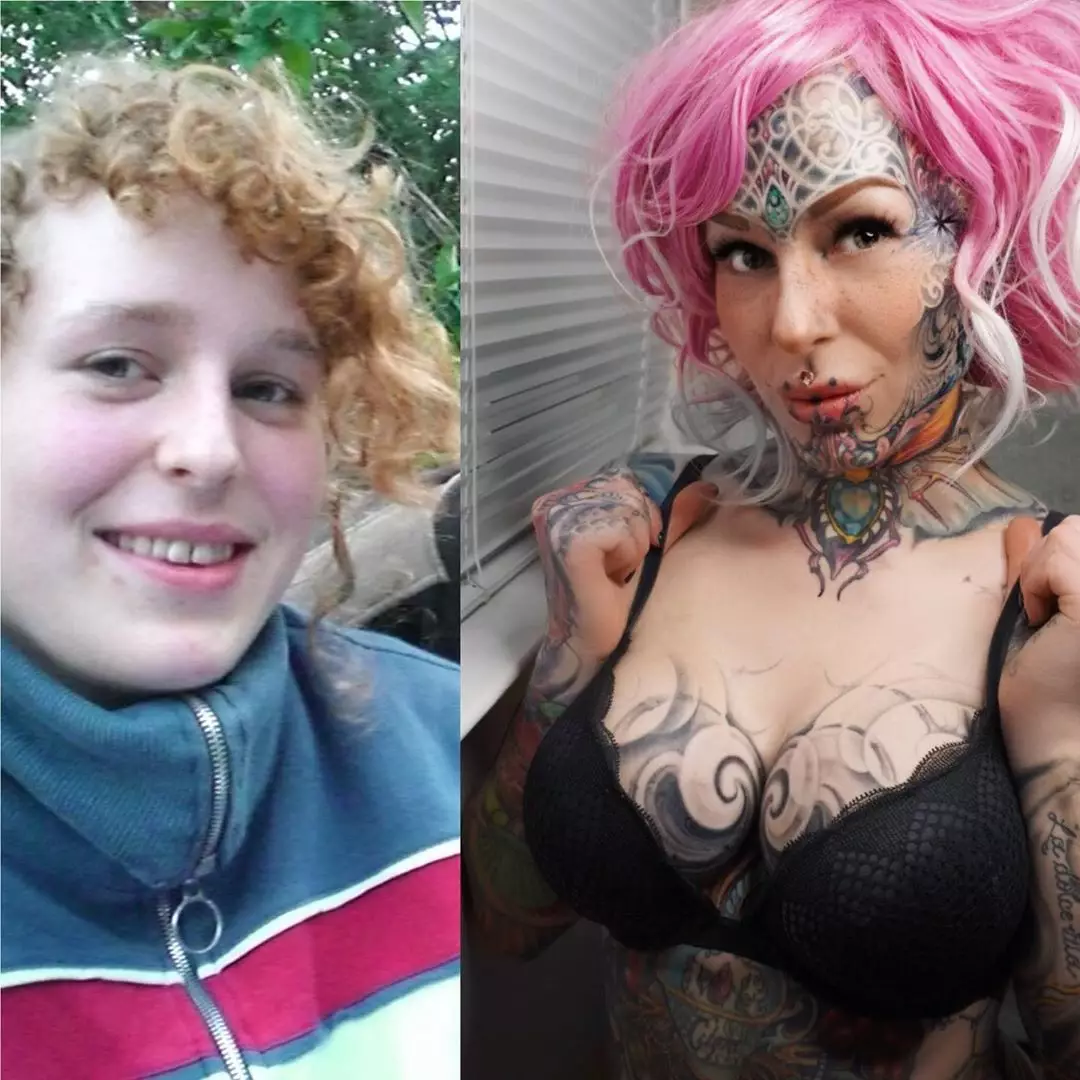 Lina before and after spending $50k on tattoos and body mods.
