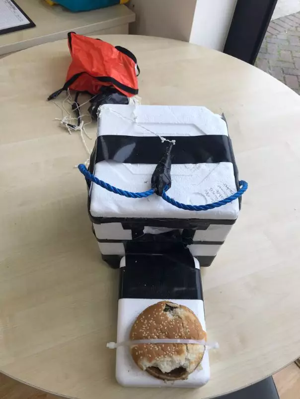 The burger attached to it's box.