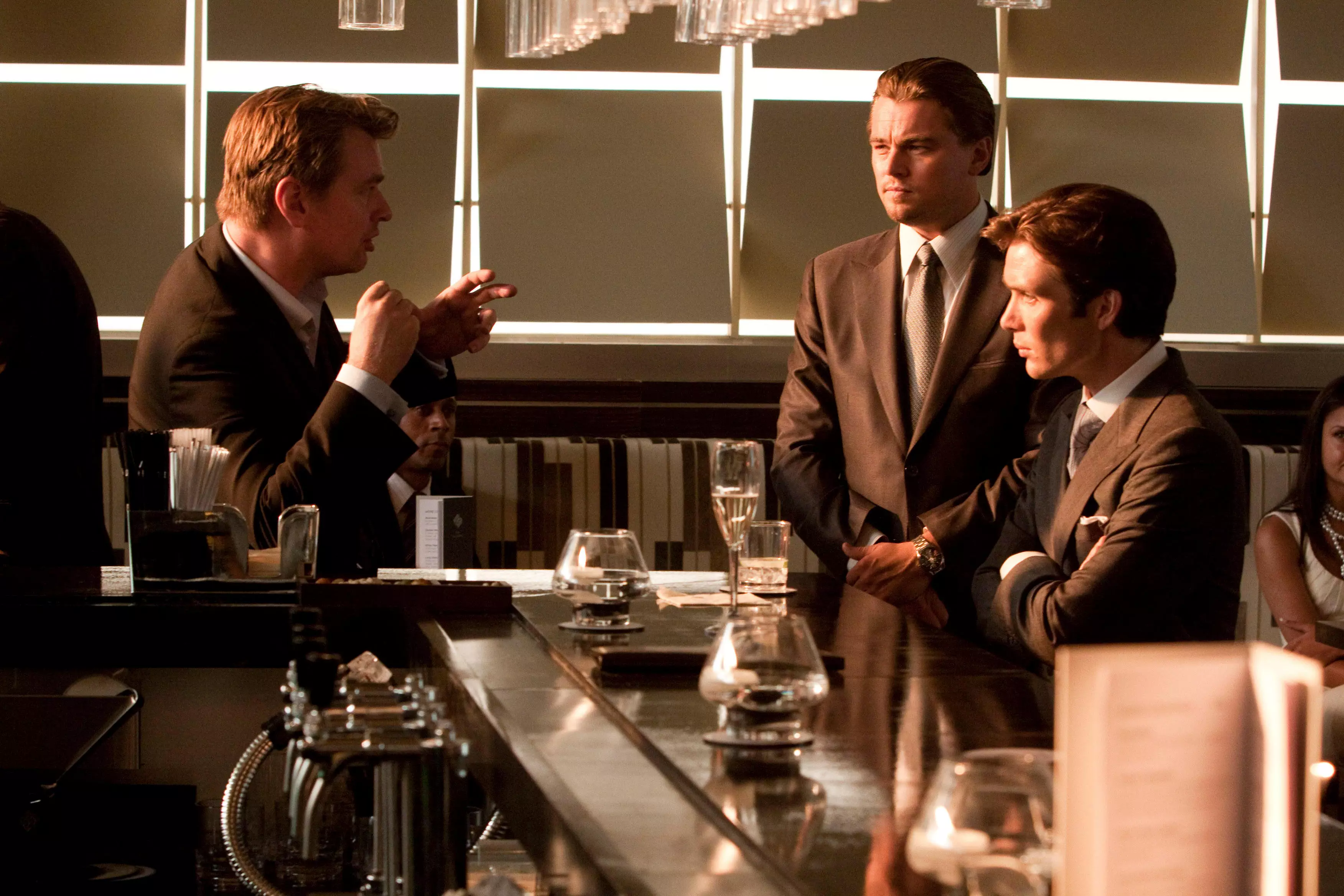 Christopher Nolan, Cillian Murphy, and Leonardo DiCaprio on the Inception set.