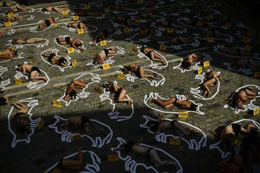 Demonstrators protest against bullfighting by lying down in front of the City Hall.