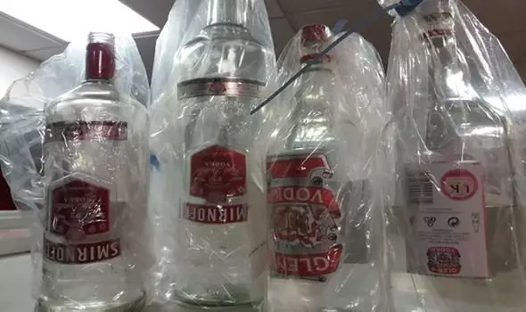 Bottles of fake alcohol.
