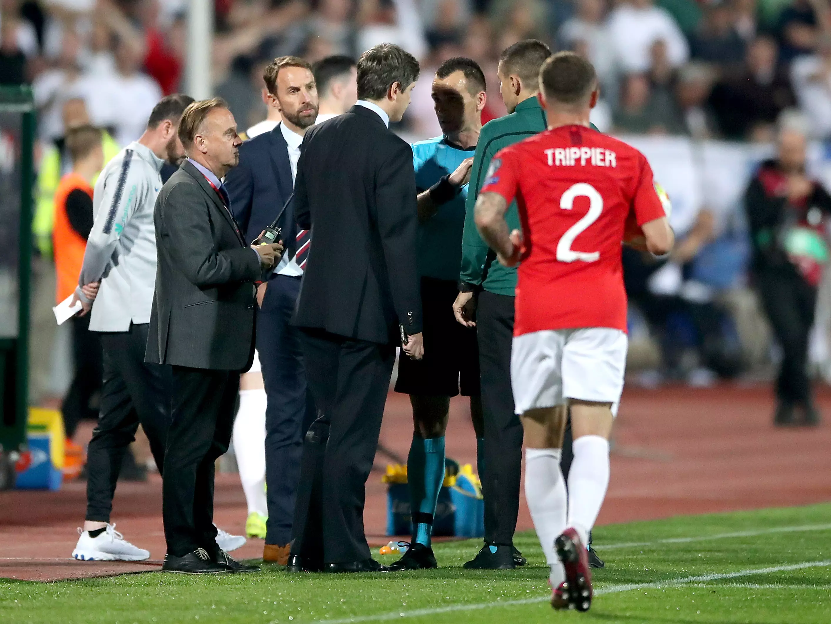 Gareth Southgate in conversation with the referee after the game was stopped. Image: PA Images