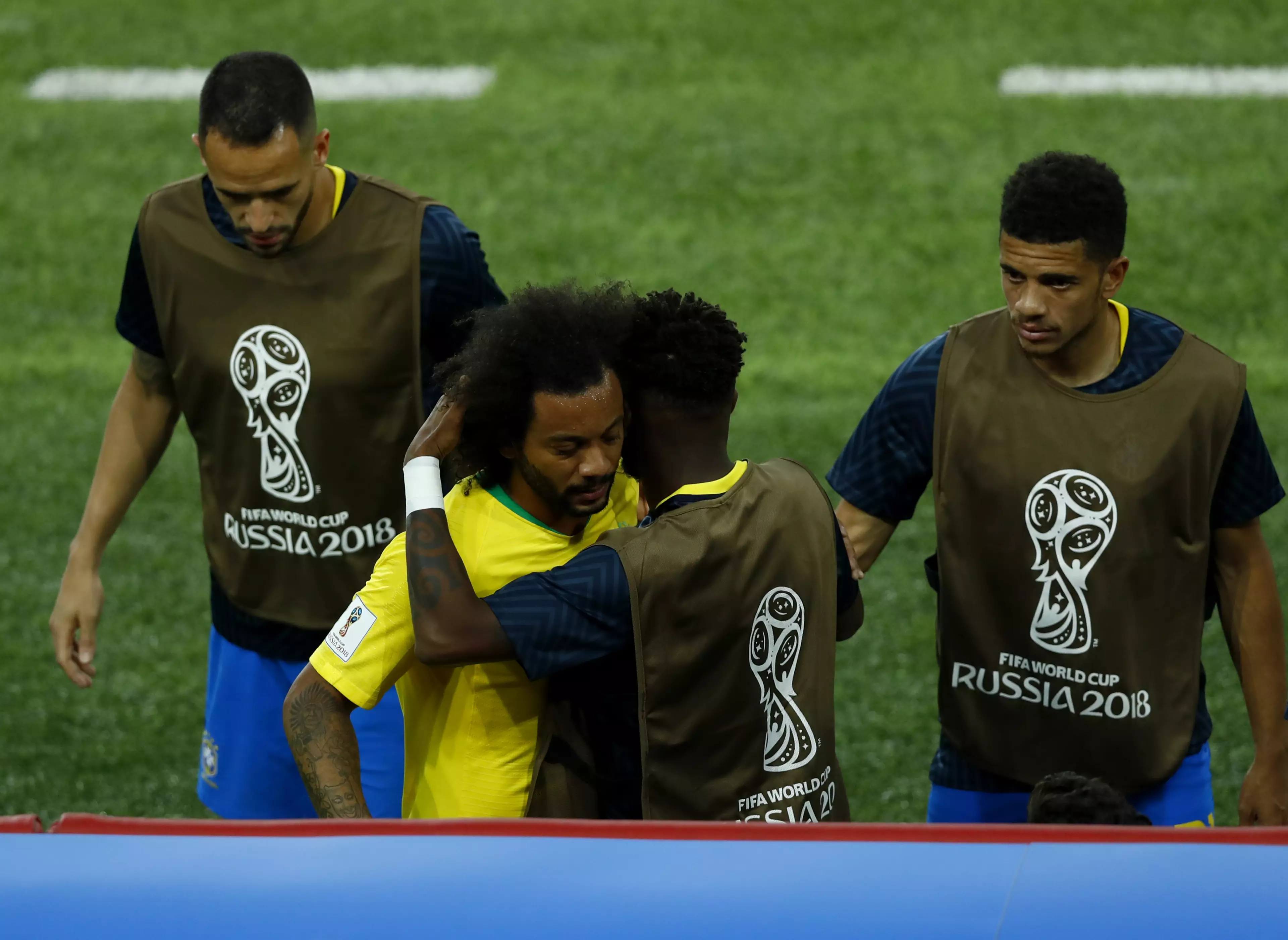 Marcelo consoled by his teammates. Image: PA