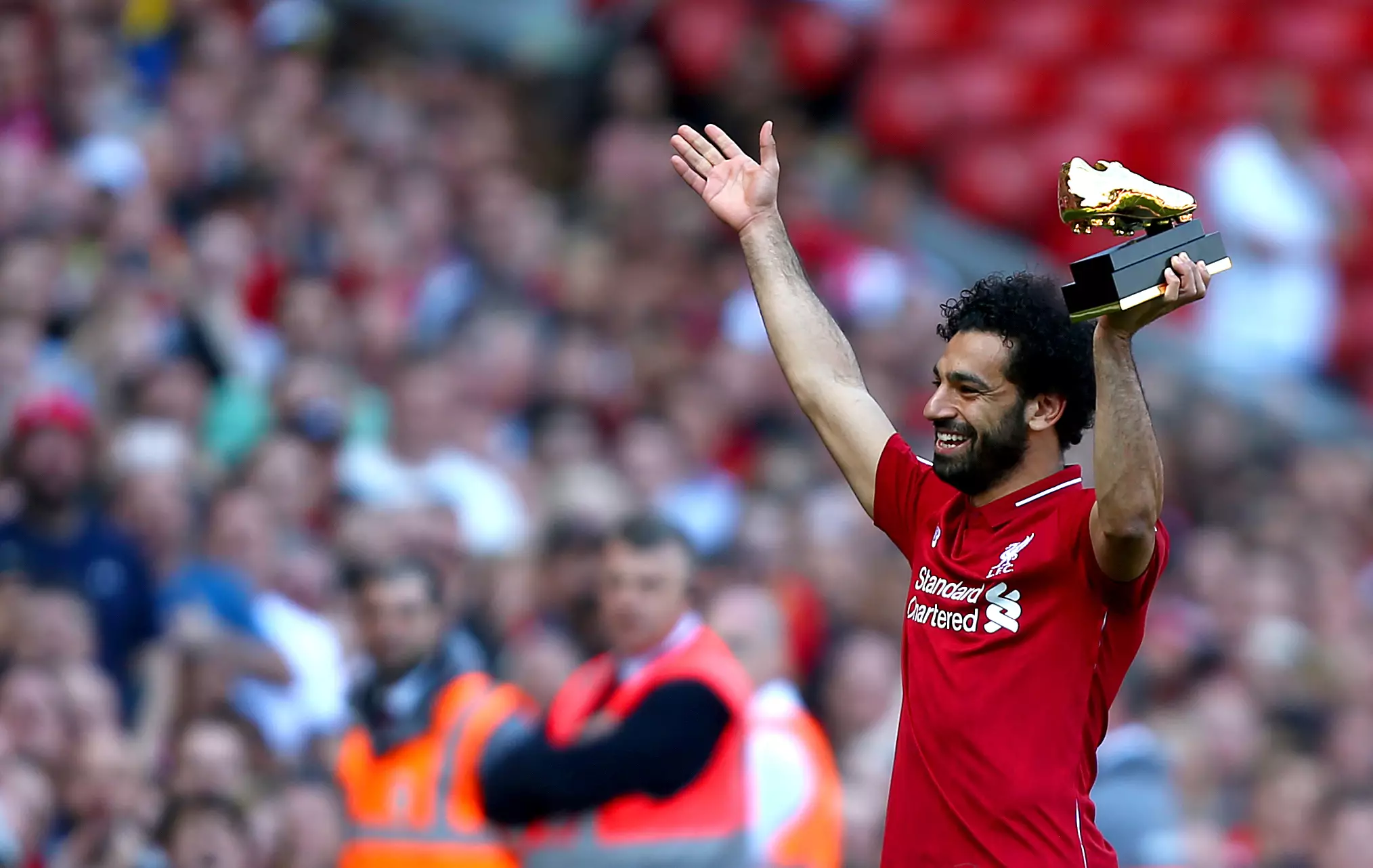 Salah with his Premier League Golden Boot award. Image: PA