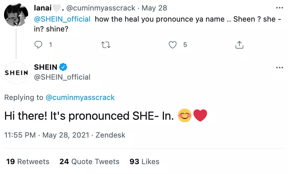 The official Shein Twitter account confirmed how we should all pronounce 'Shein' (@SHEIN_official)